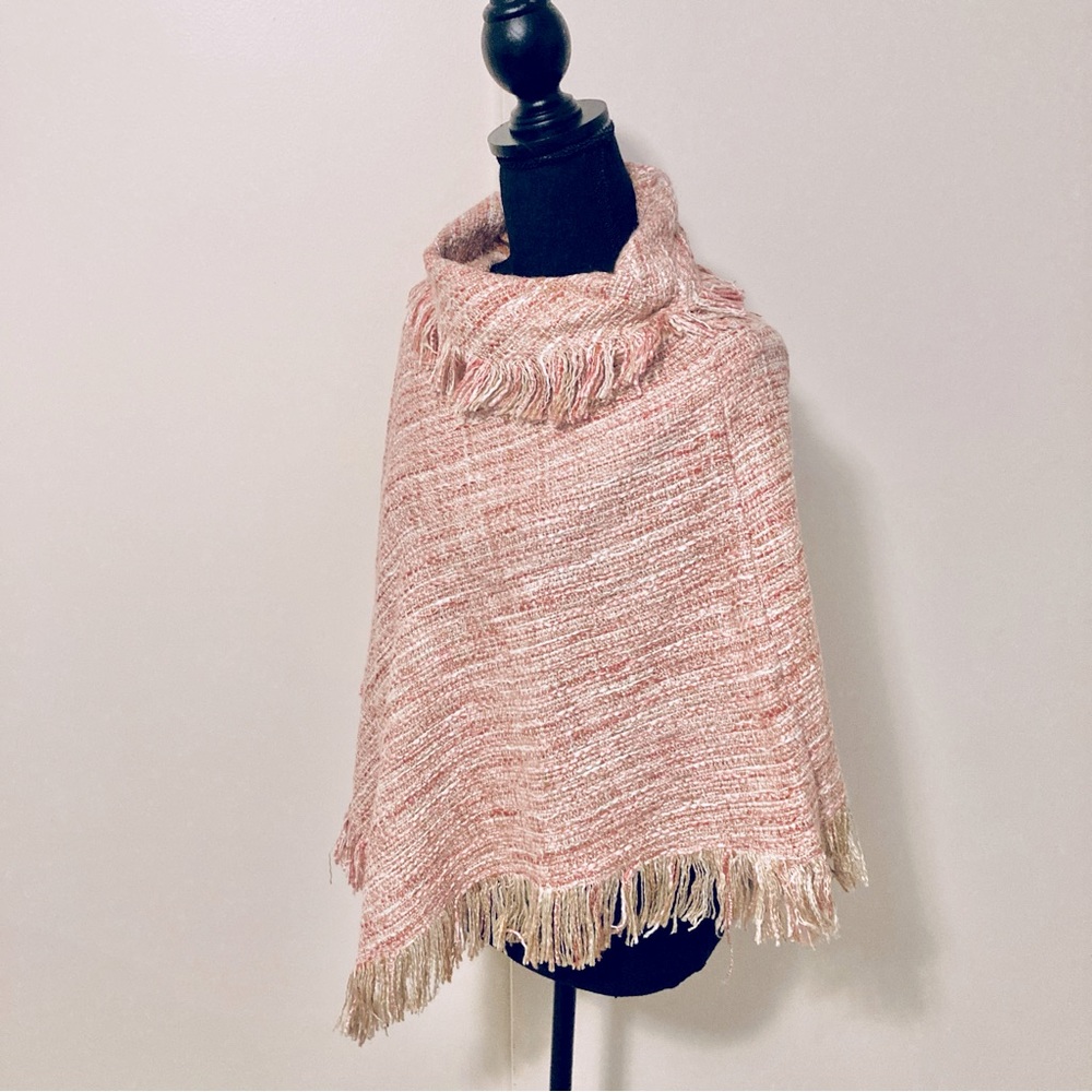 Woven Poncho with Fringe Cowl Neckline Multi Colored in Pinks & Tan